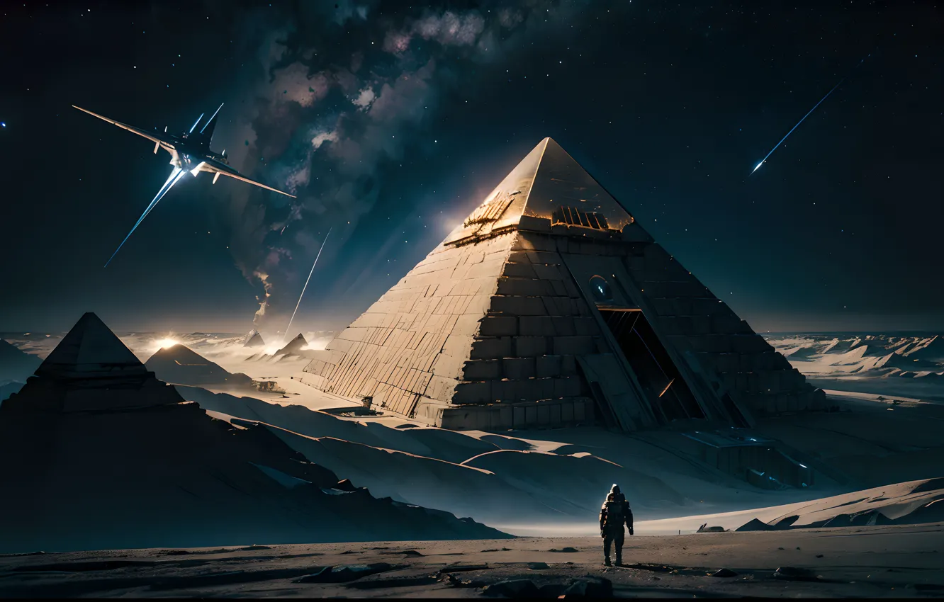 Фото обои звезды, ночь, пустыня, космонавт, кометы, простор, пирамида, space