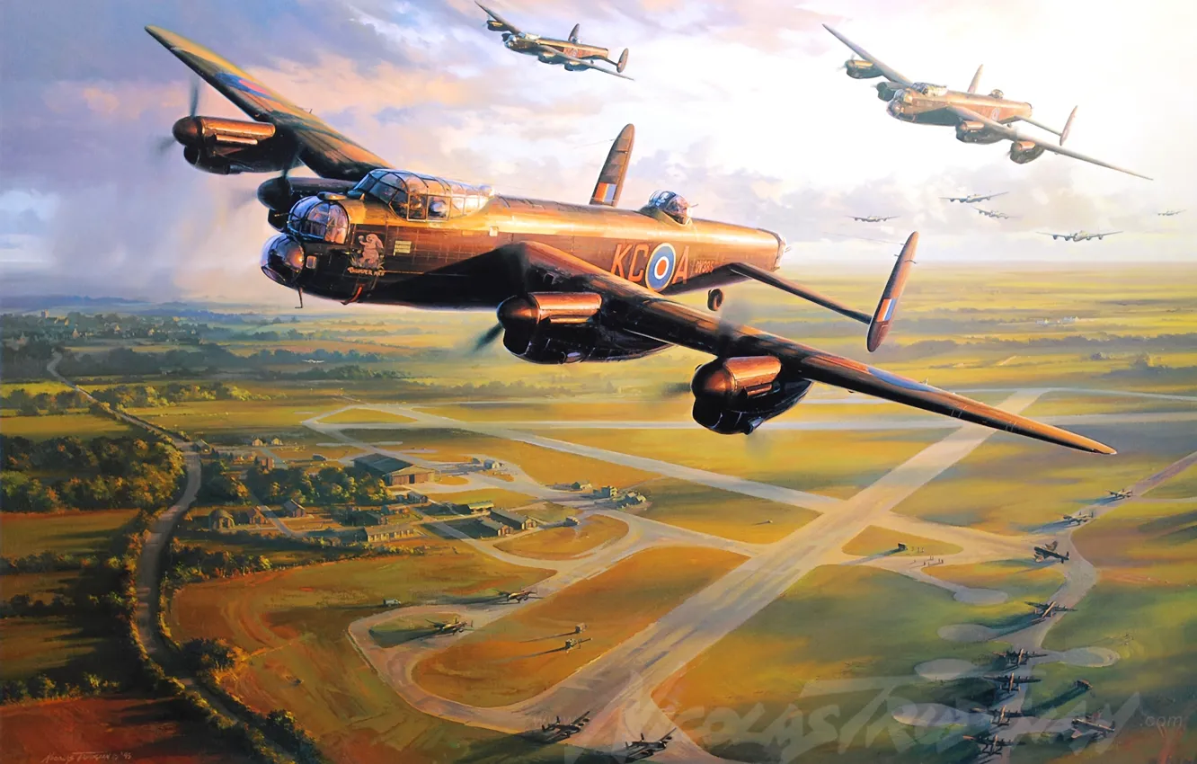 Фото обои aircraft, war, art, airplane, aviation, ww2, dogfight, avro lancaster