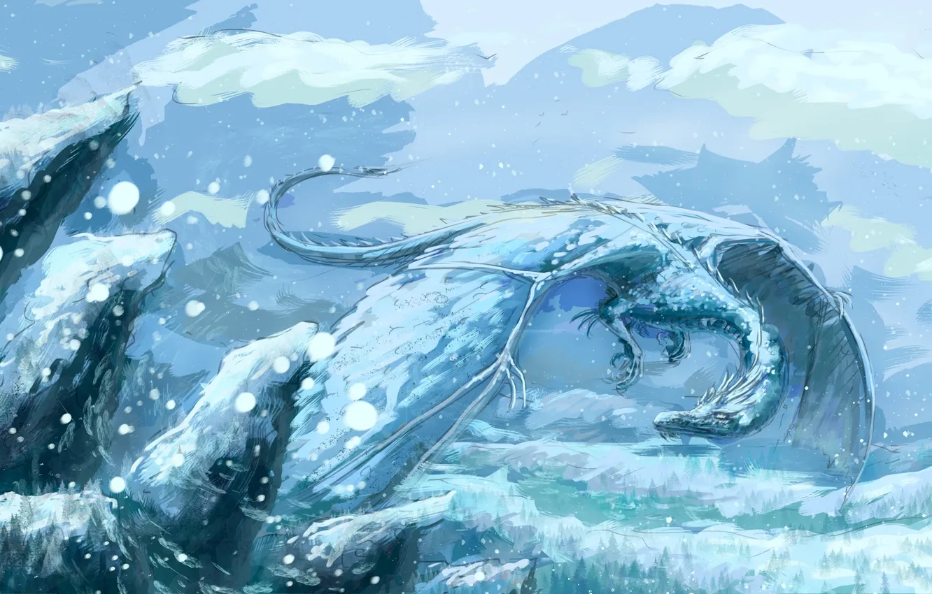 Фото обои холод, зима, снег, фантастика, дракон, крылья, арт, ледяной дракон