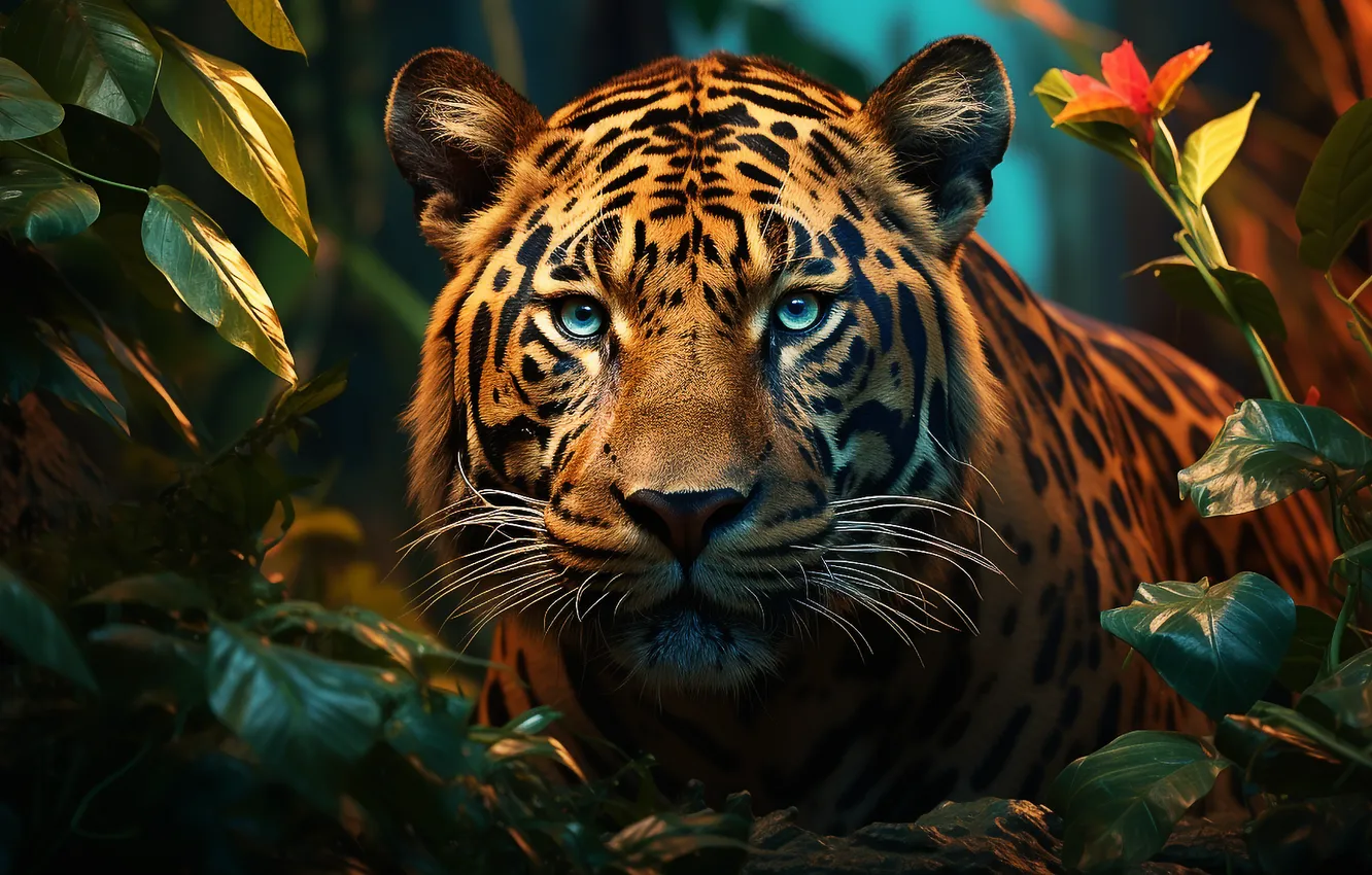 Фото обои animals, nature, tiger, leaves, digital art, wildlife, fur, whiskers