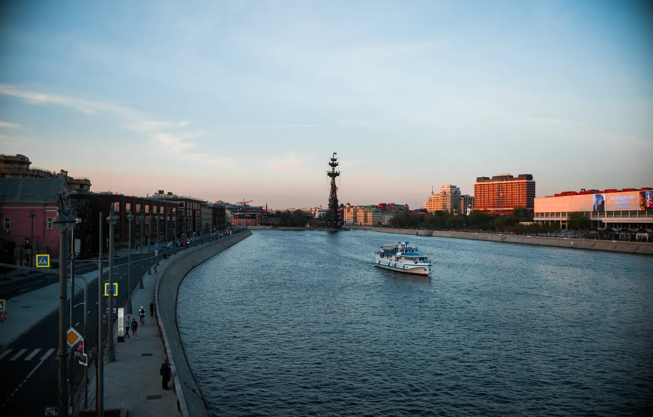 Фото обои Закат, Город, Река, Москва, Москва - река