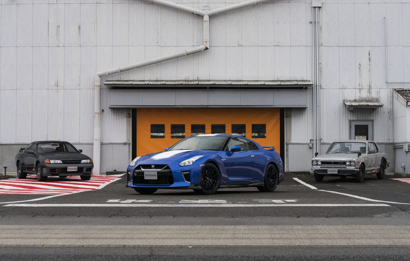 Фото обои синий, купе, Nissan, GT-R, R32, Skyline, R35, 50th Anniversary Edition