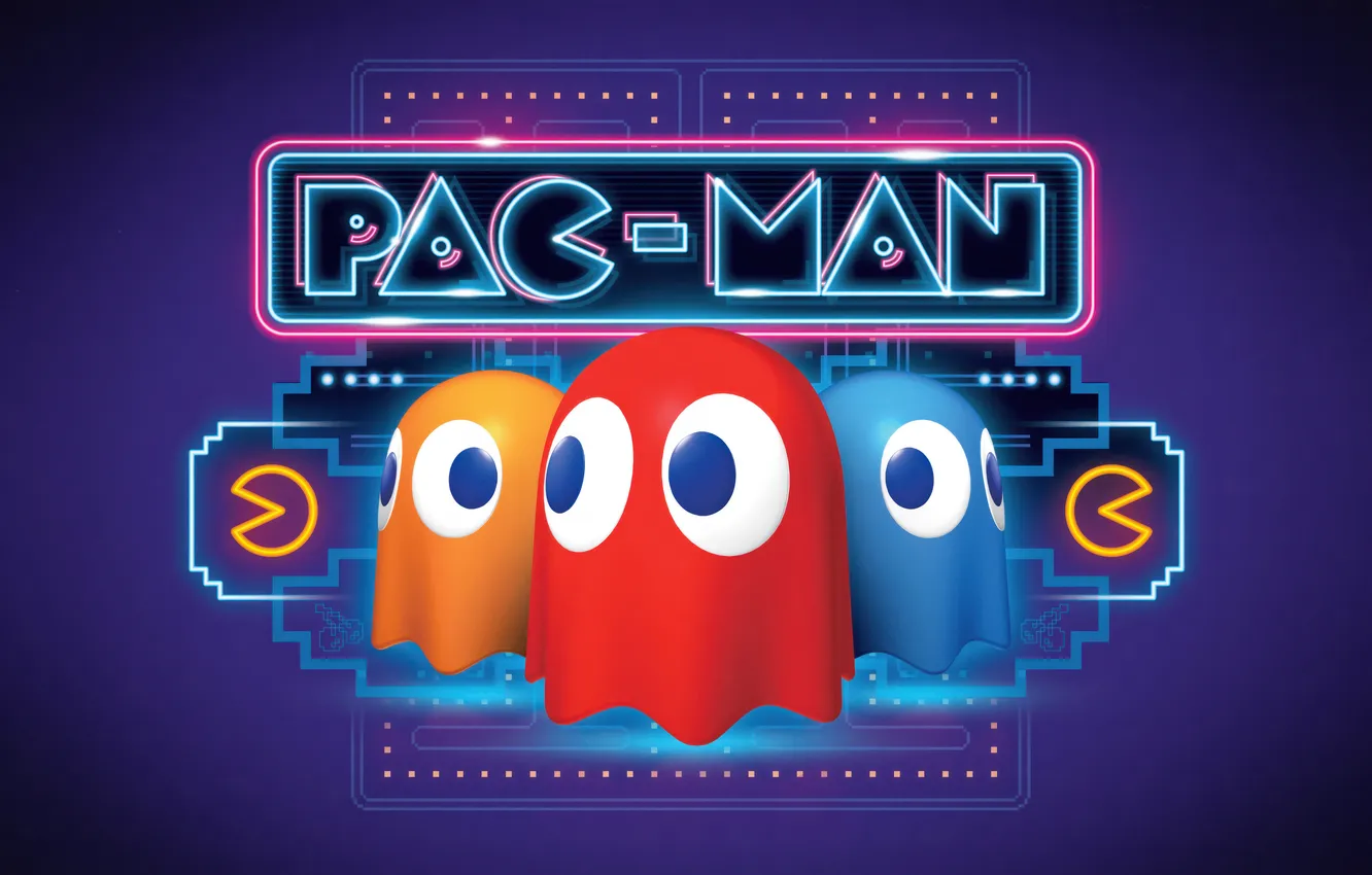 Фото обои Games, Ghosts, Pac-Man, Neon background, Violet background