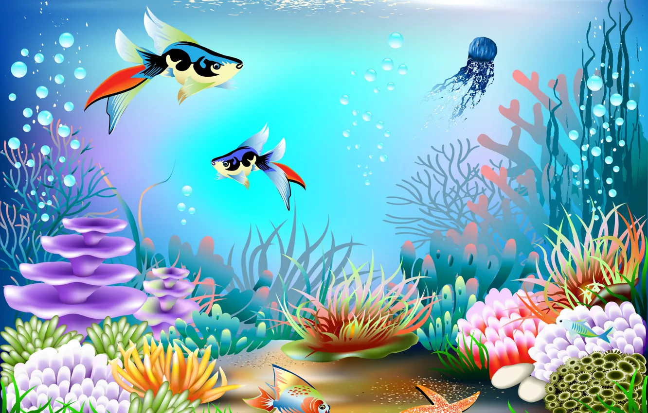 Фото обои рыбы, пузырьки, вектор, кораллы, подводный мир