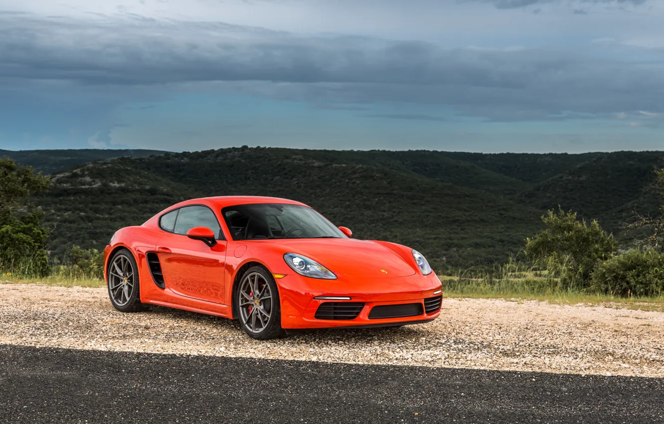 Фото обои Красный, Porsche, Cayman, Автомобиль, 2017, Металлик, 718, S