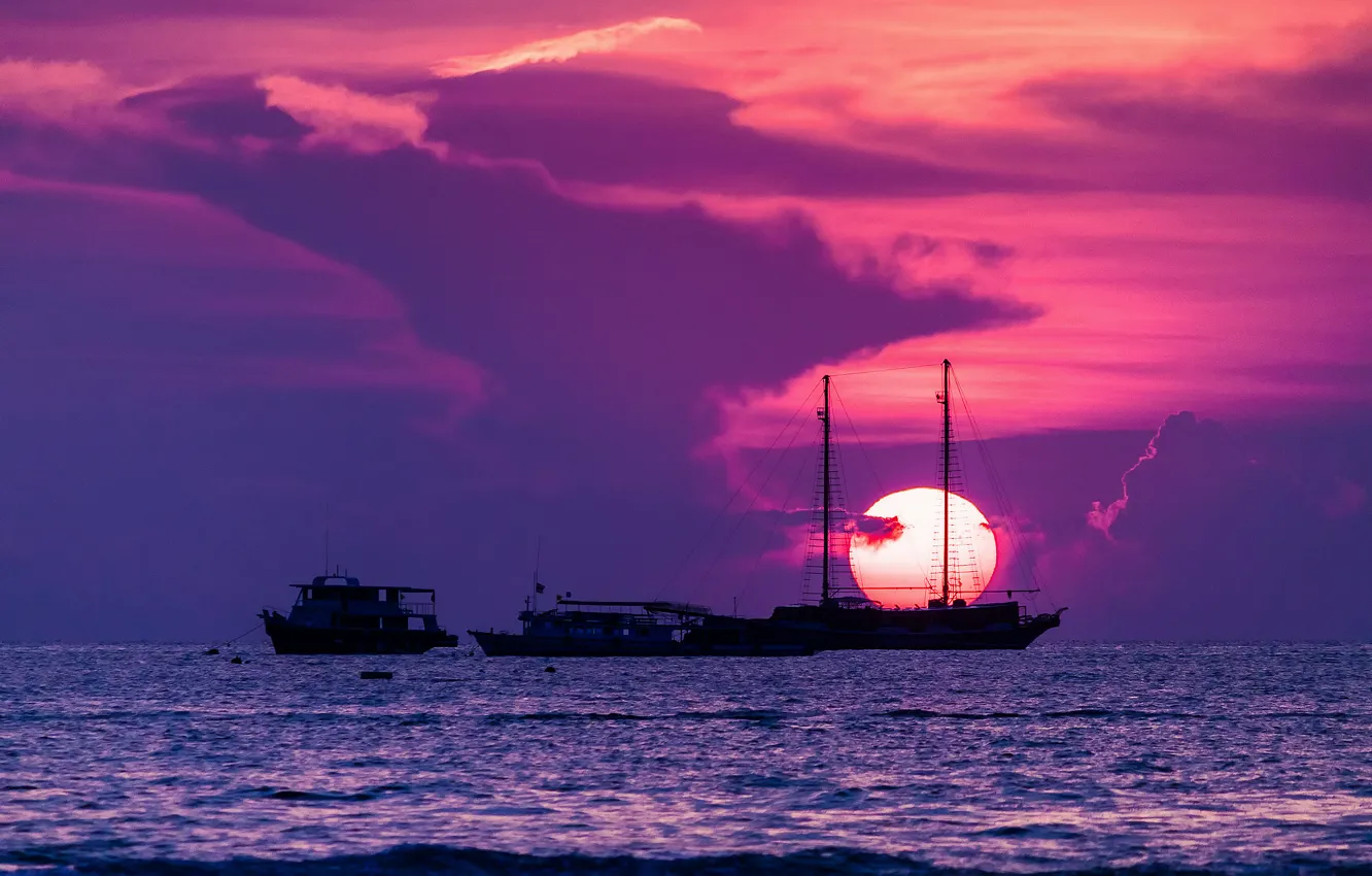 Фото обои солнце, закат, город, корабли, Таиланд, Сиамский залив, Паттайя