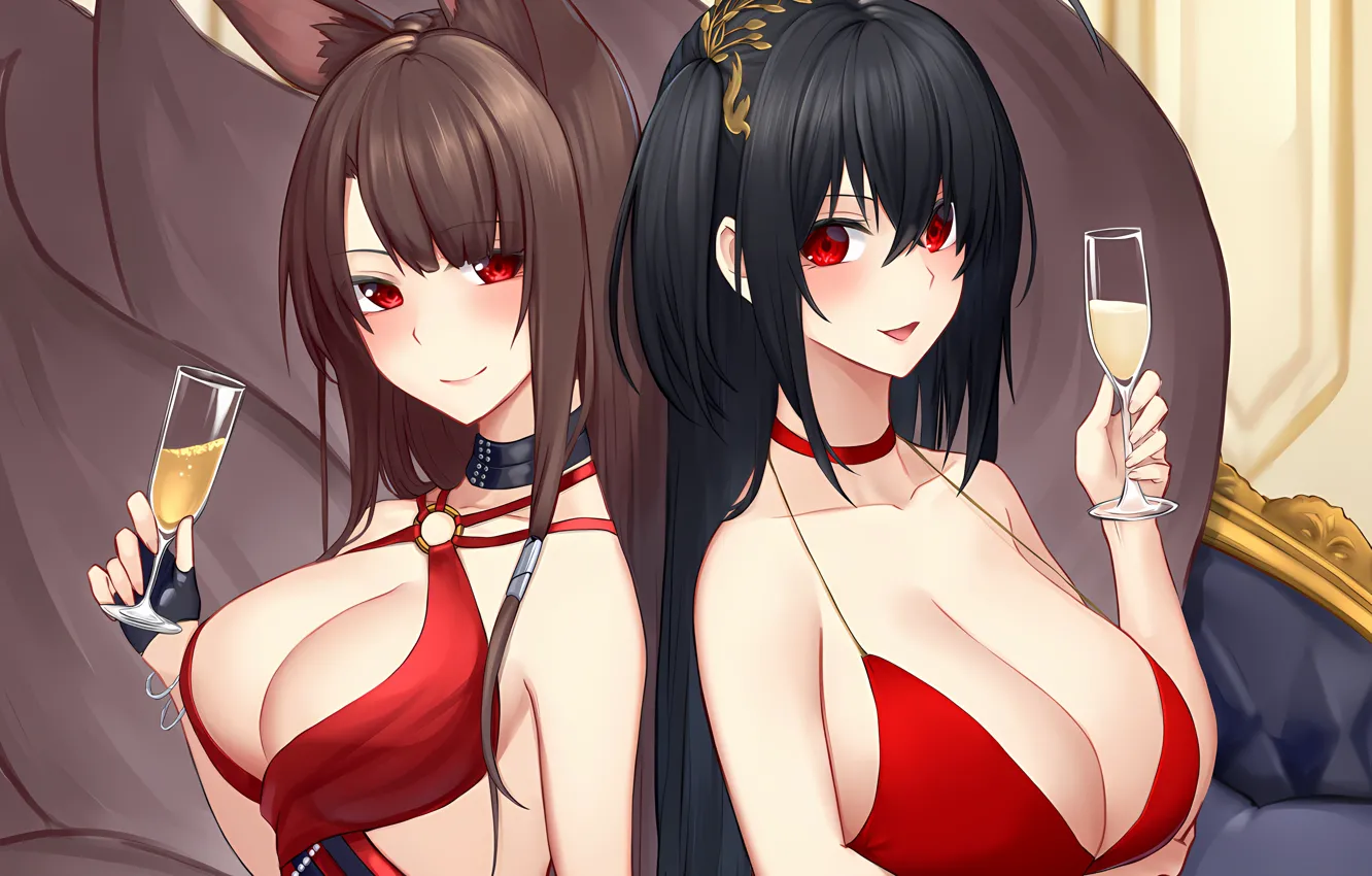 Фото обои sexy, cleavage, long hair, dress, girls, brown hair, boobs, animal ears