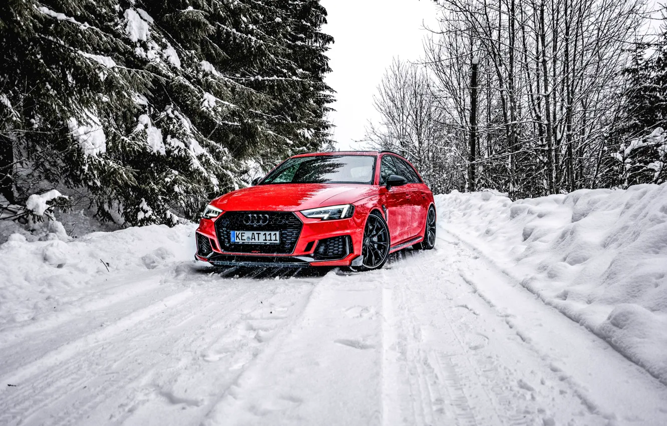 Фото обои Audi, Красный, Дорога, Ауди, Снег, Лес, Red, Мощь
