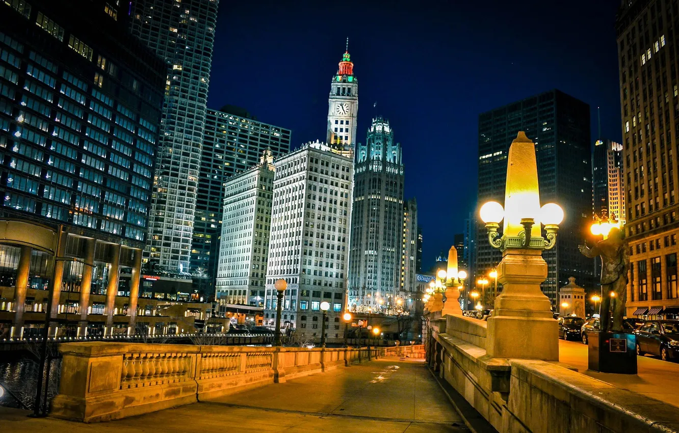 Фото обои ночь, город, огни, небоскребы, Чикаго, Иллиноис