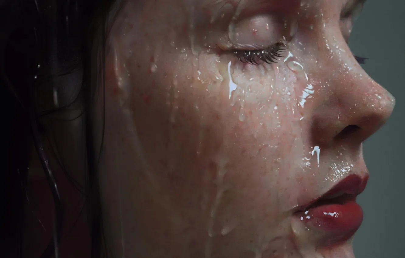 Фото обои вода, девушка, капли, лицо, волосы, профиль, закрытые глаза, красные губы