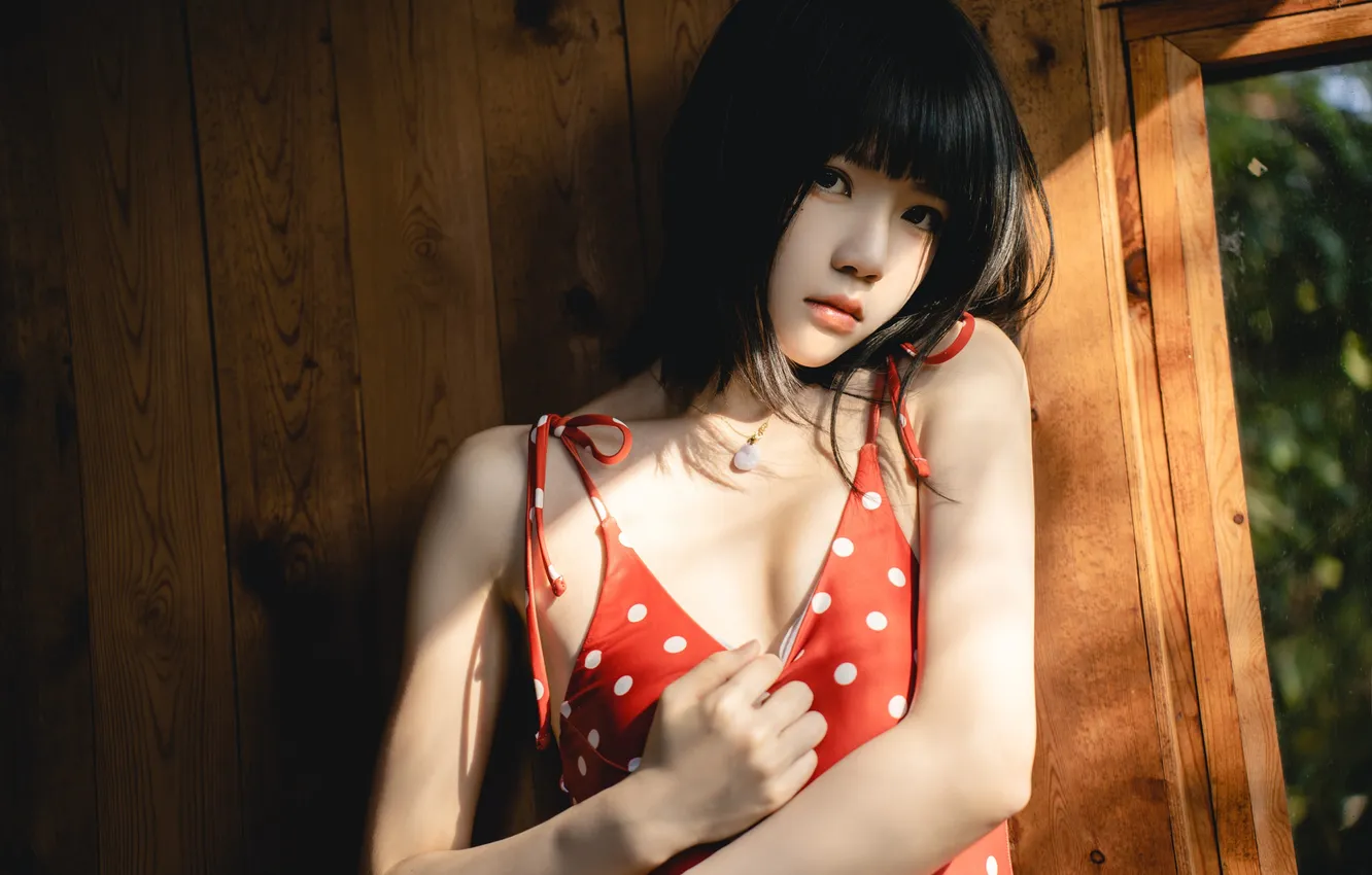 Фото обои Beautiful, Asian, Model, Woman, Pretty, Japanese, Red Dress, Sunlight