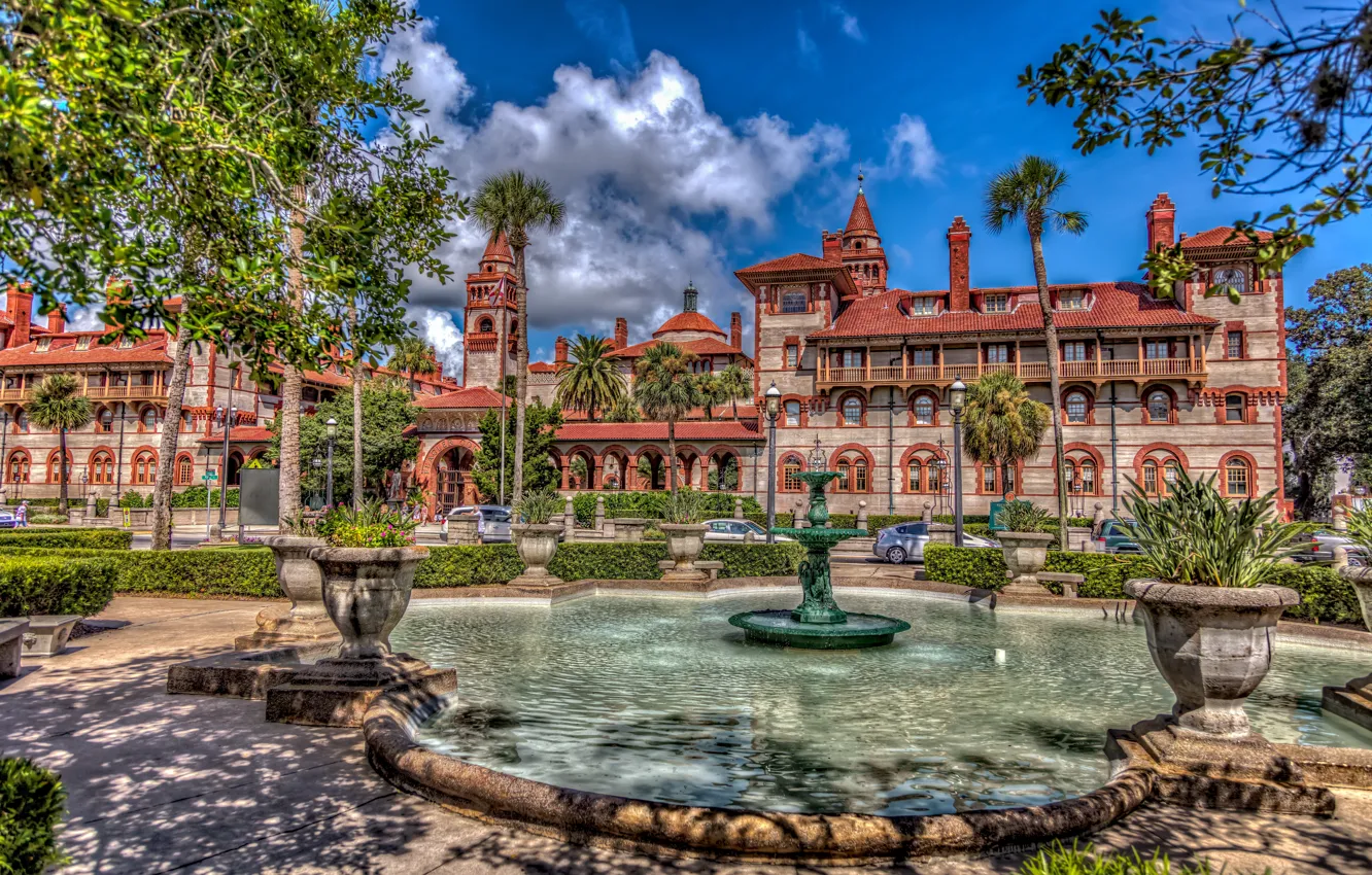 Фото обои здание, Флорида, фонтан, архитектура, Florida, St Augustine, Сент-Огастин, Flagler College