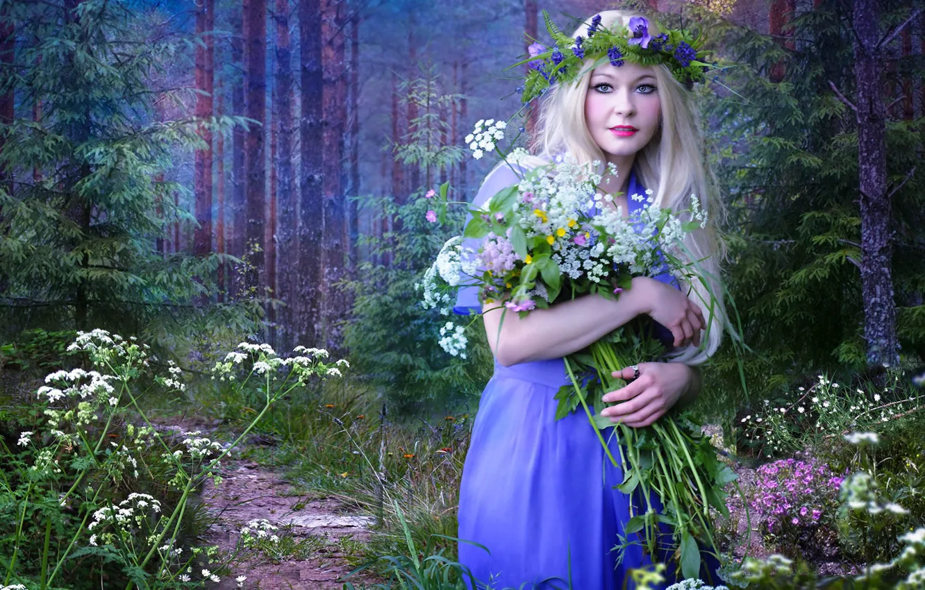 Фото обои лес, девушка, цветы, весна, фотоарт