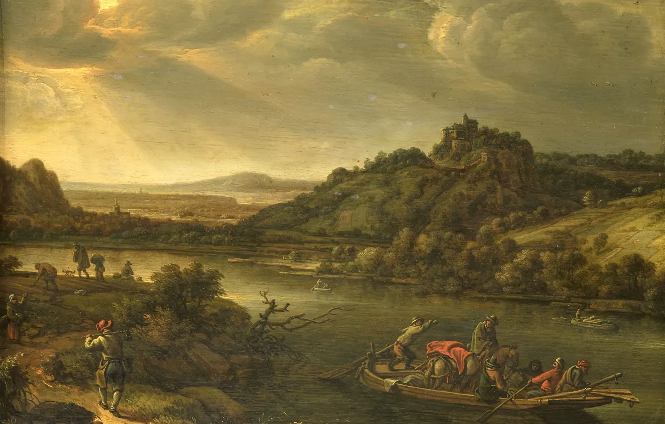 Фото обои пейзаж, масло, картина, Герман Сафтлевен, 1655, Herman Saftleven, Вид на Реку с Паромом