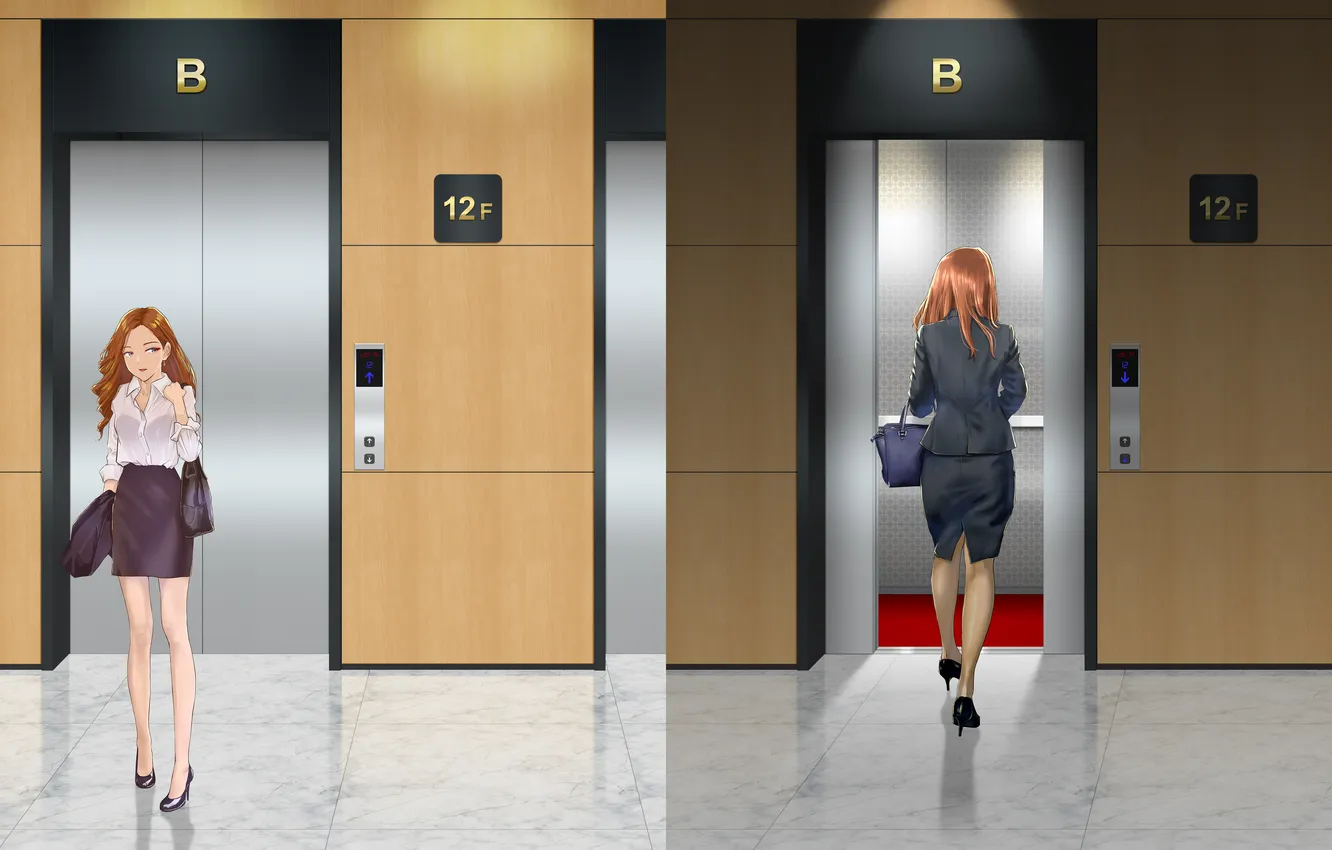 Фото обои girl, woman, office, elevator, office lady, office girl, go to work, leave the office