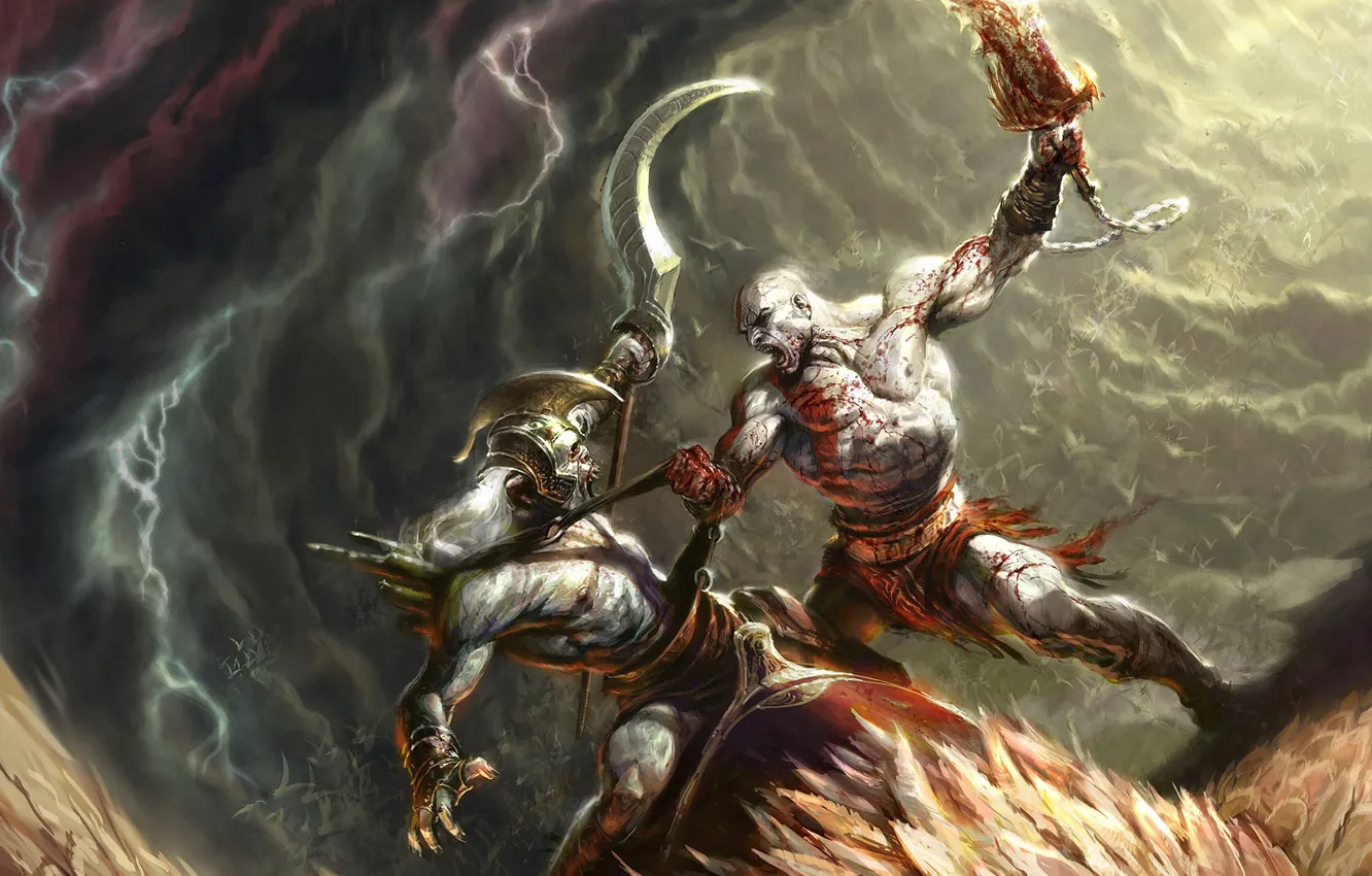 Фото обои кровь, монстр, бой, сражение, kratos, God of War