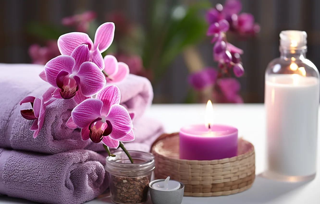 Фото обои цветы, полотенце, орхидея, ИИ-арт, НЕЙРОСЕТЬ