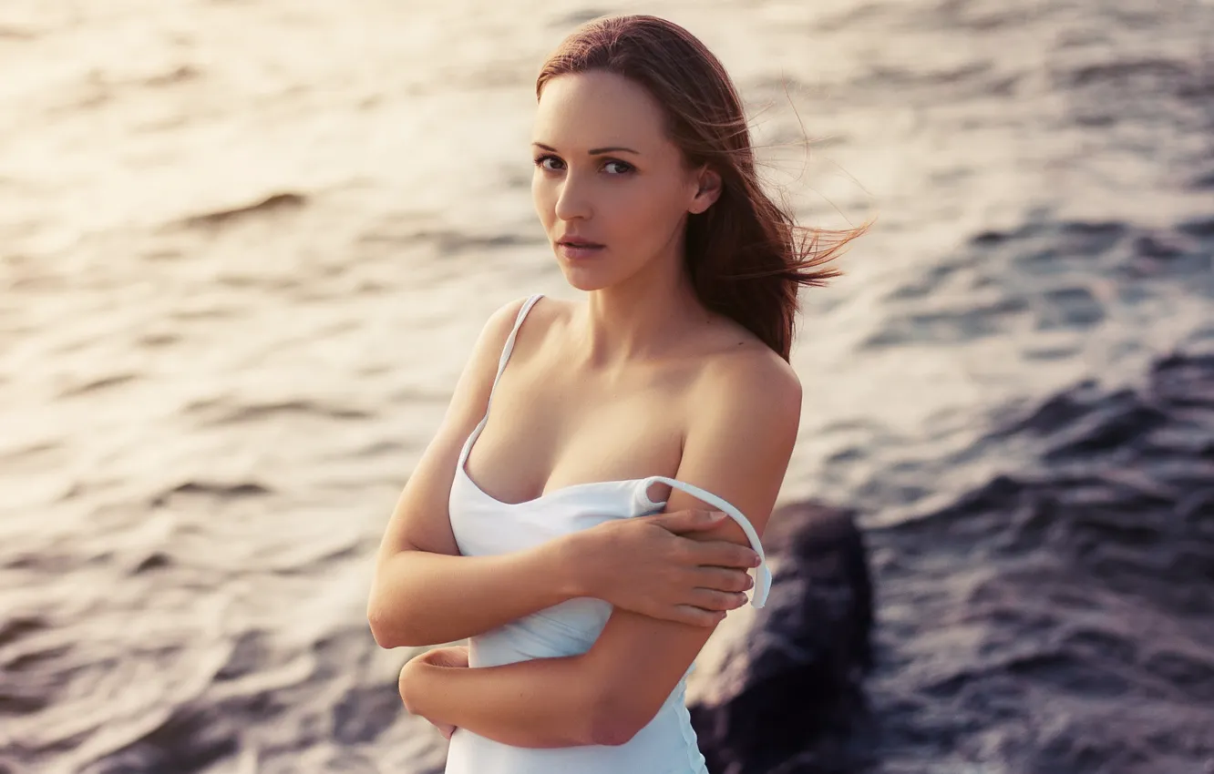 Фото обои море, взгляд, девушка, платье, талия, Ludmila Chevtaeva, Чевтаева Людмила