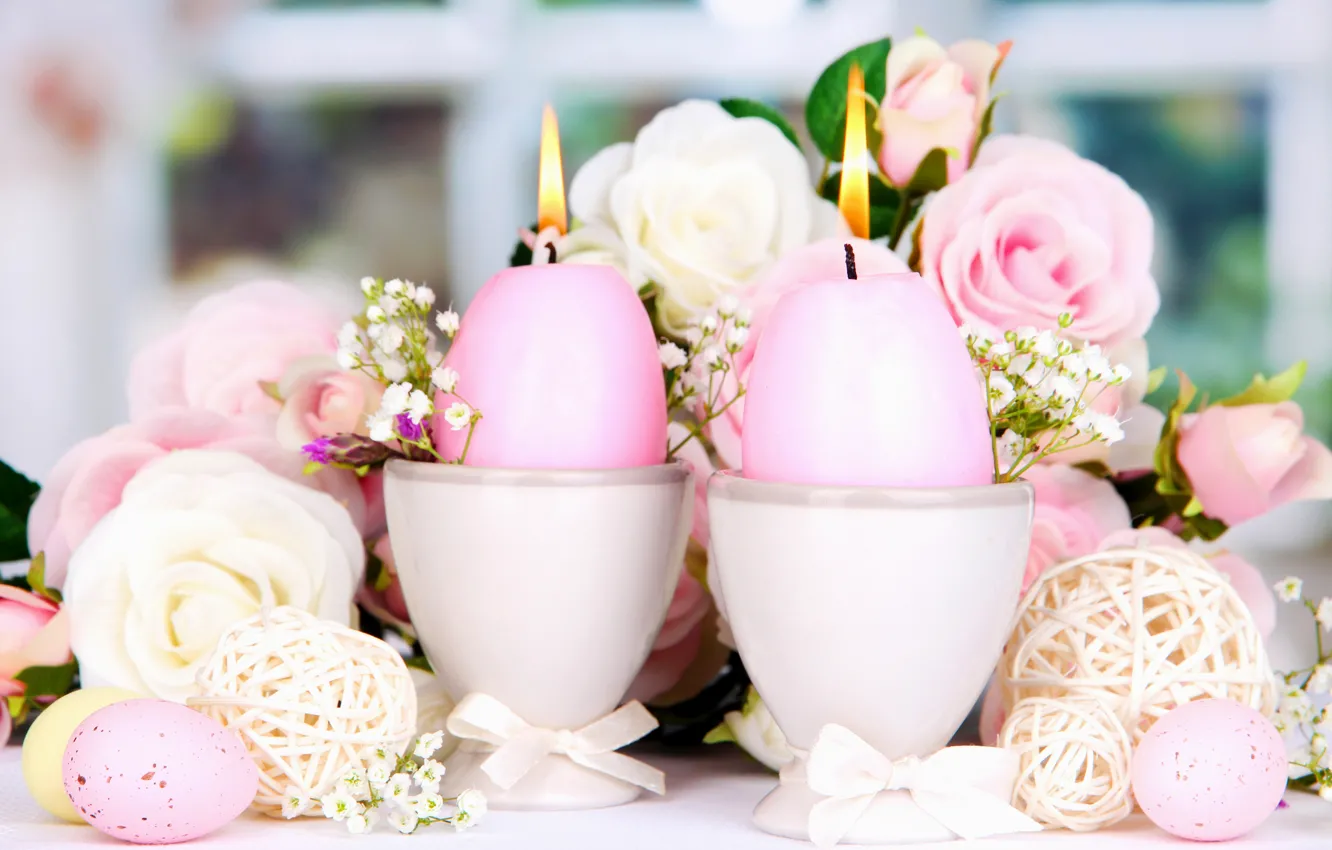 Фото обои розы, яйца, свечи, пасха, flowers, Easter, candles