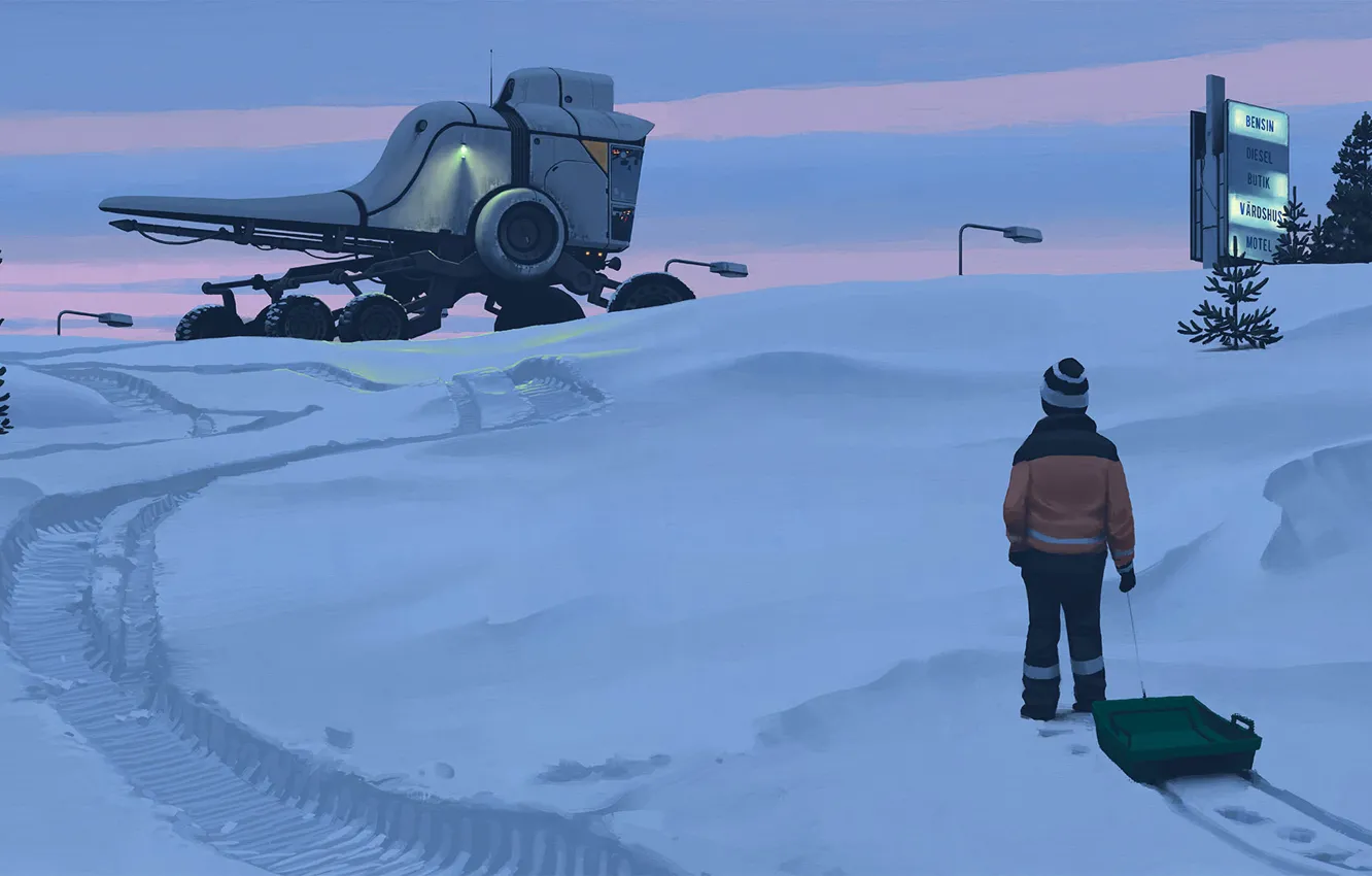 Фото обои машина, снег, следы, транспорт, робот, ребенок, заправка, вечер