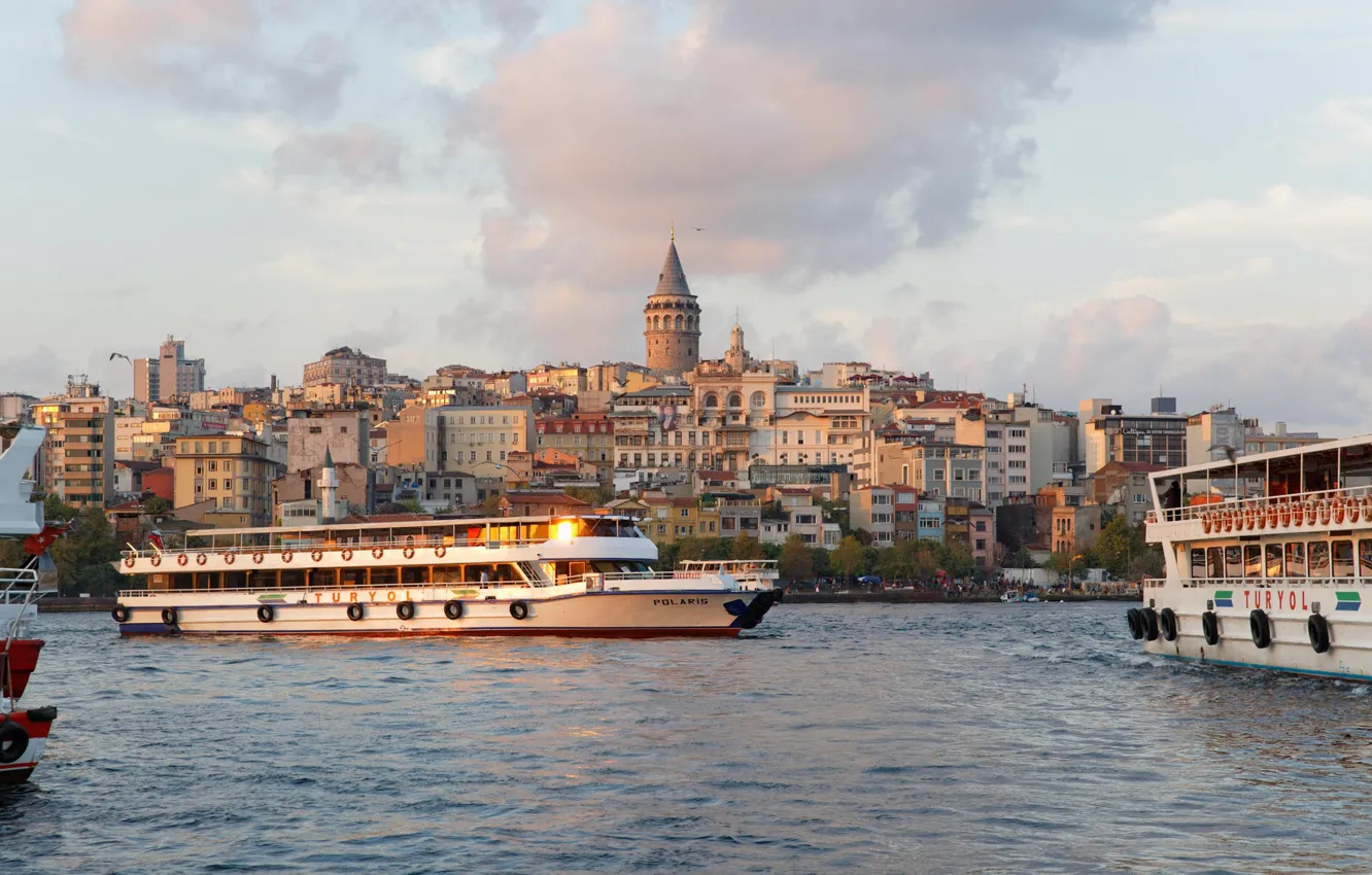 Фото обои море, корабль, дома, Стамбул, Турция, Галатская башня, The Galata Tower
