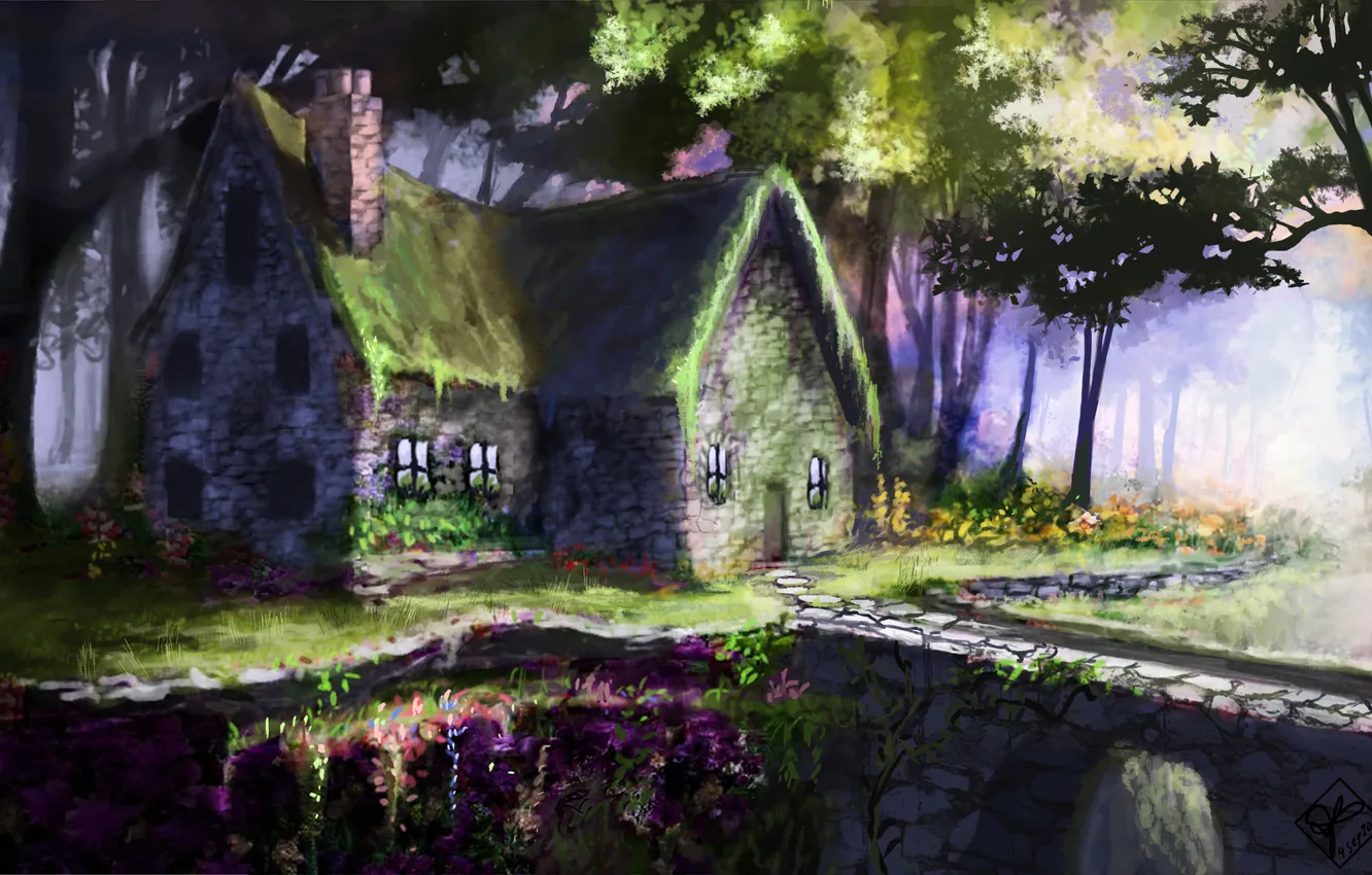 Фото обои пейзаж, цветы, мост, дом, арт