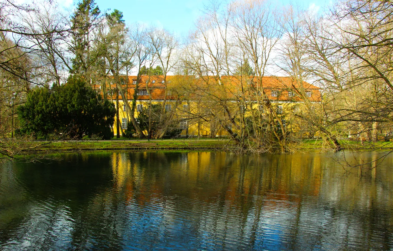 Фото обои trees, water, park, lake, building, pond