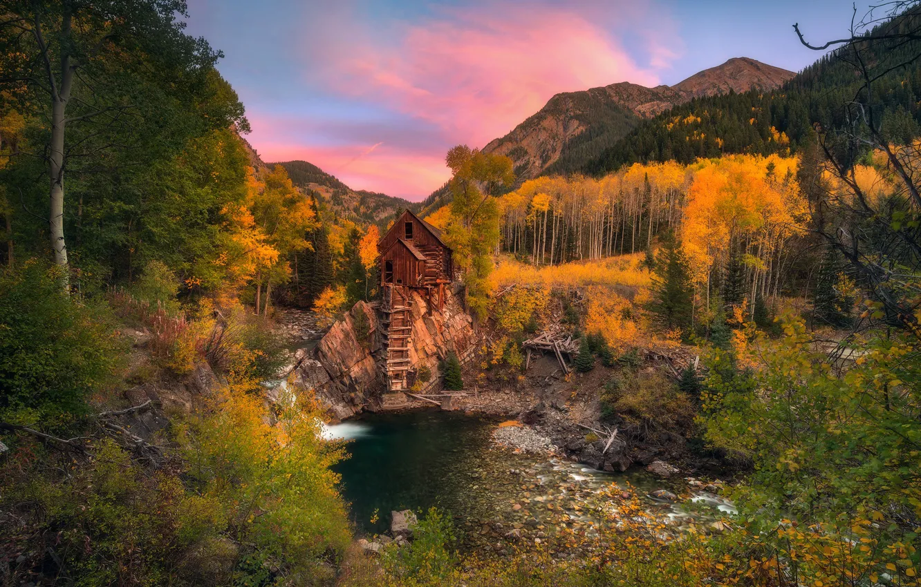 Фото обои осень, горы, природа, мельница, водоем, водяная