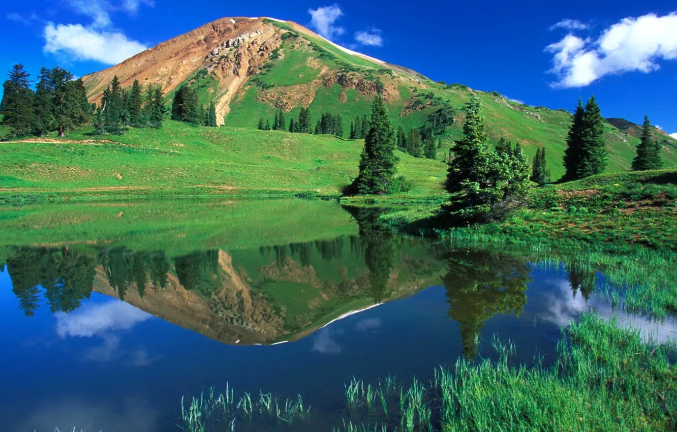 Фото обои небо, трава, облака, деревья, природа, озеро, отражение, гора