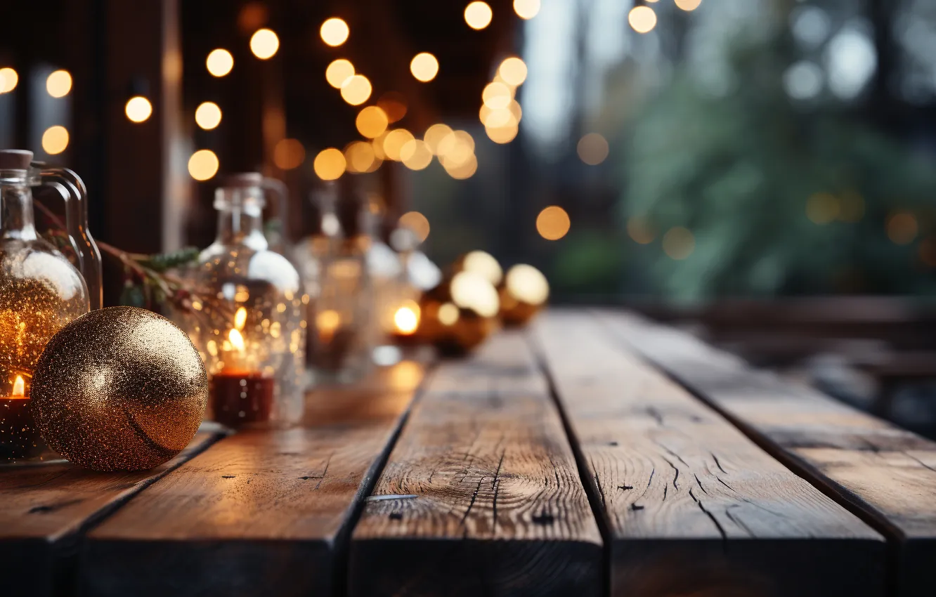 Фото обои украшения, lights, фон, шары, Рождество, Новый год, golden, new year