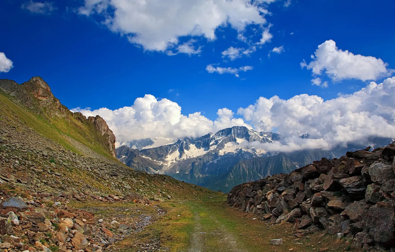 Фото обои дорога, небо, облака, камни, Горы, Альпы