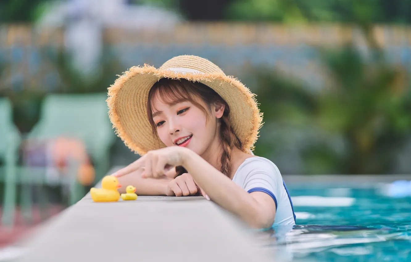Фото обои Beautiful, Asian, Model, Water, pretty, Woman, Pool, Hat