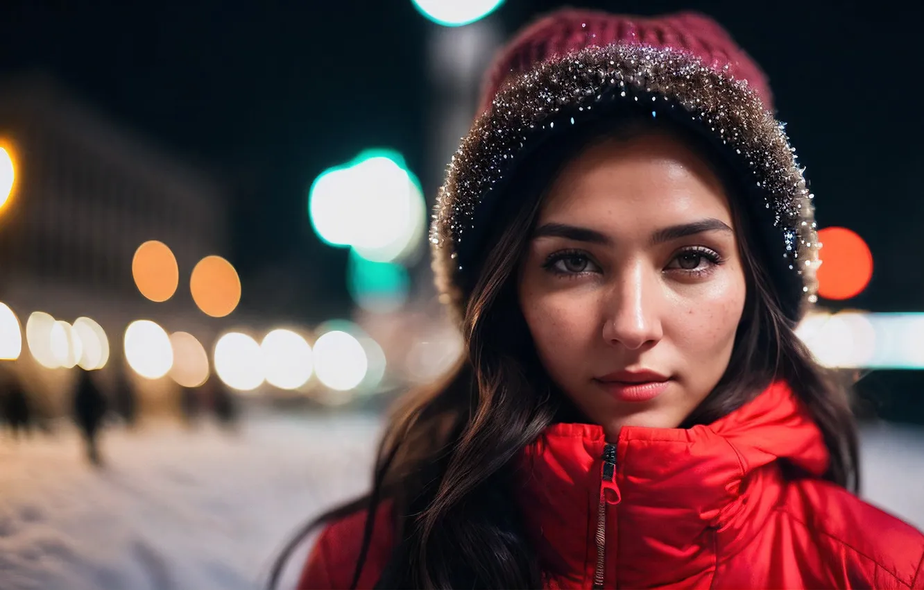 Фото обои взгляд, девушка, шапка, холодно