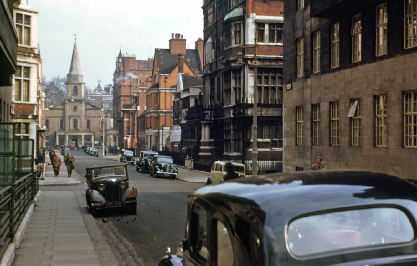 Фото обои машины, город, люди, улица, Лондон, дома, старое фото, street