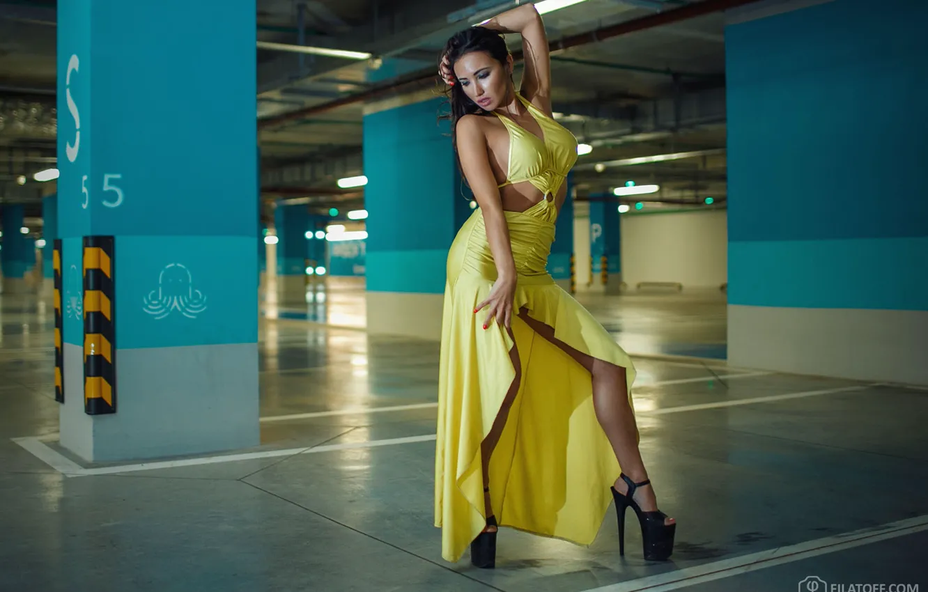 Фото обои Model, Heels, Pose, Dmitry Filatoff, Parking Structure, Beautiful Legs, Evening Dress