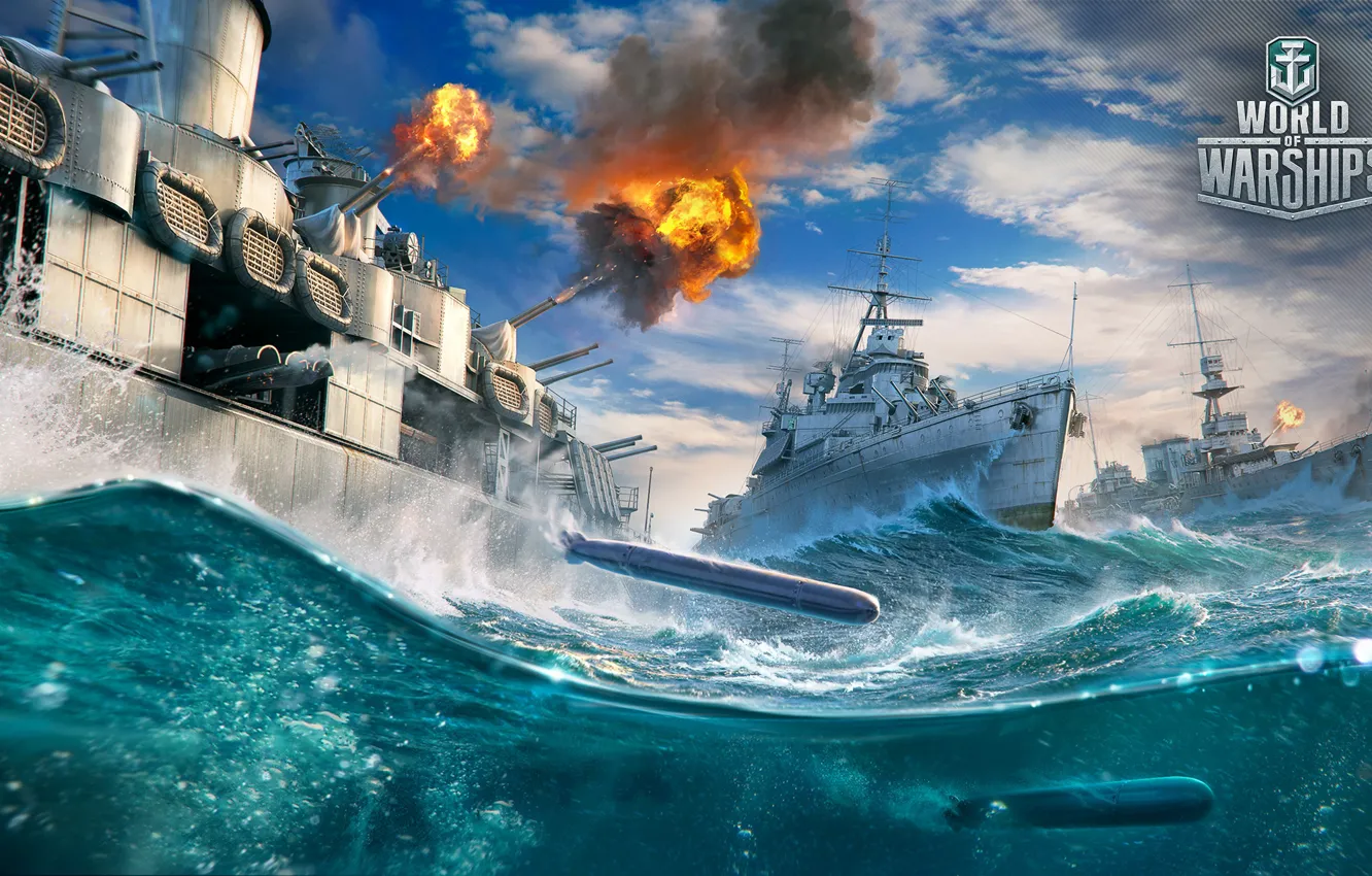 Фото обои океан, война, корабли, выстрел, World Of Warship, Ships, Cruisers
