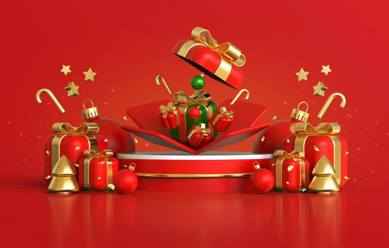 Фото обои украшения, рендеринг, фон, елка, Рождество, подарки, Новый год, red
