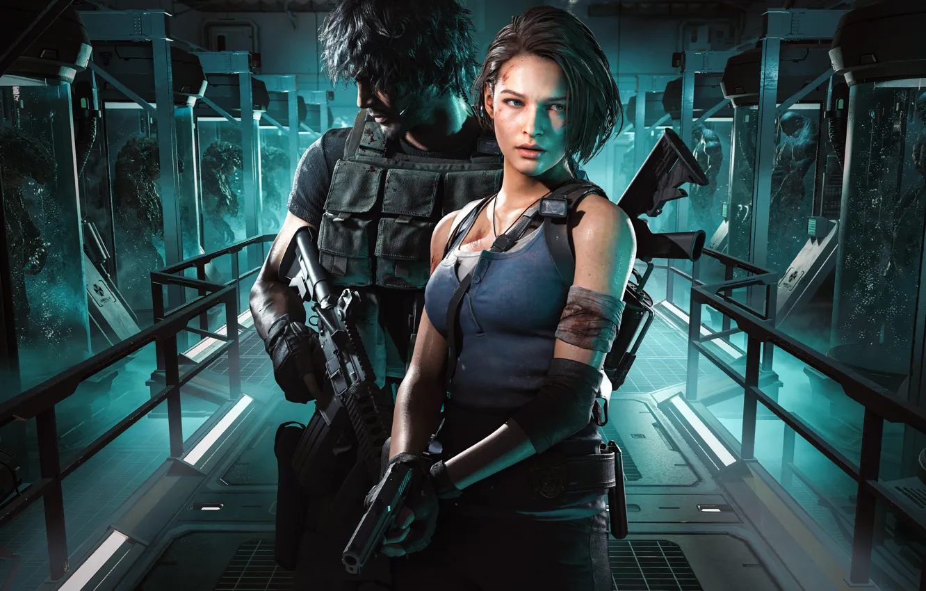 Фото обои пистолет, оружие, автомат, декольте, мужчина, помещение, персонажи, Resident Evil