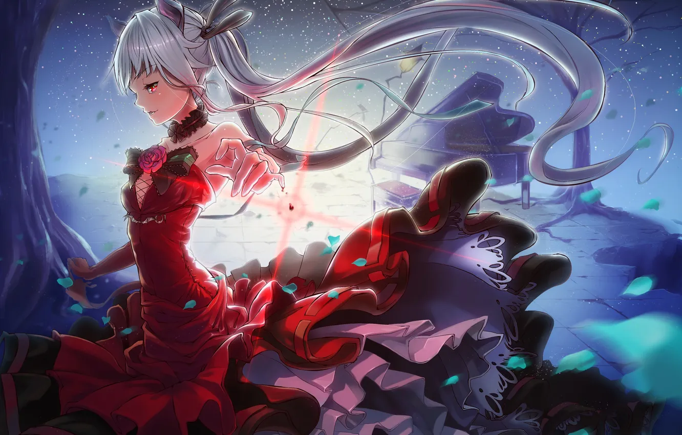 Фото обои девушка, улыбка, рассвет, лепестки, пианино, жест, art, bishoujo mangekyou