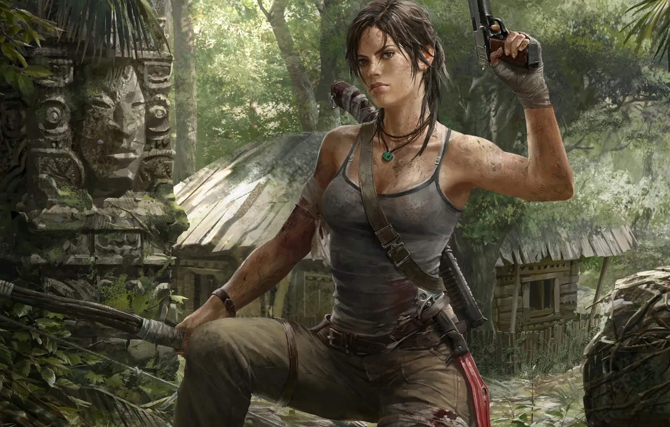 Фото обои лес, девушка, поза, оружие, кровь, Tomb Raider, хижина, Lara Croft