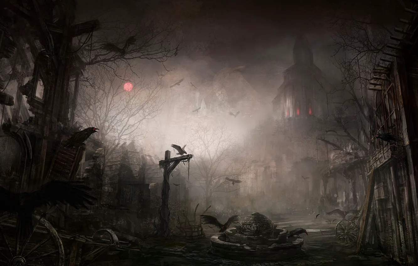 Фото обои ночь, город, развалины, вороны, Diablo III