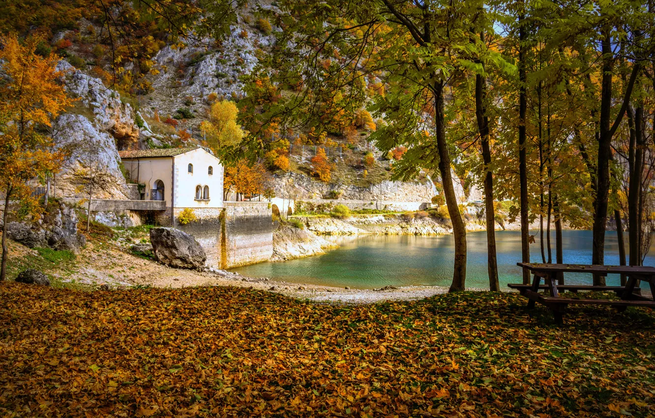 Фото обои осень, лес, мост, озеро, дом, парк, стол, скамья