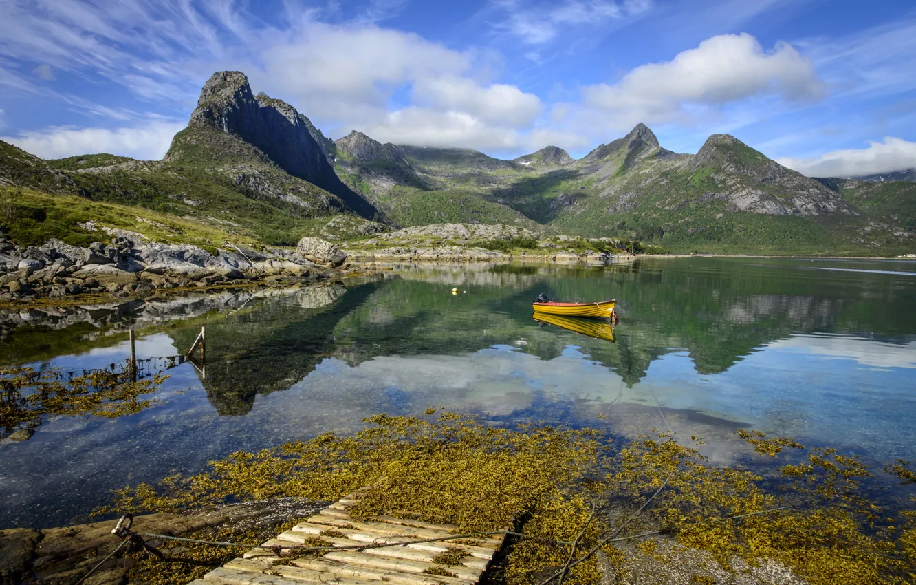 Фото обои горы, озеро, камни, лодка, Норвегия, Lofoten