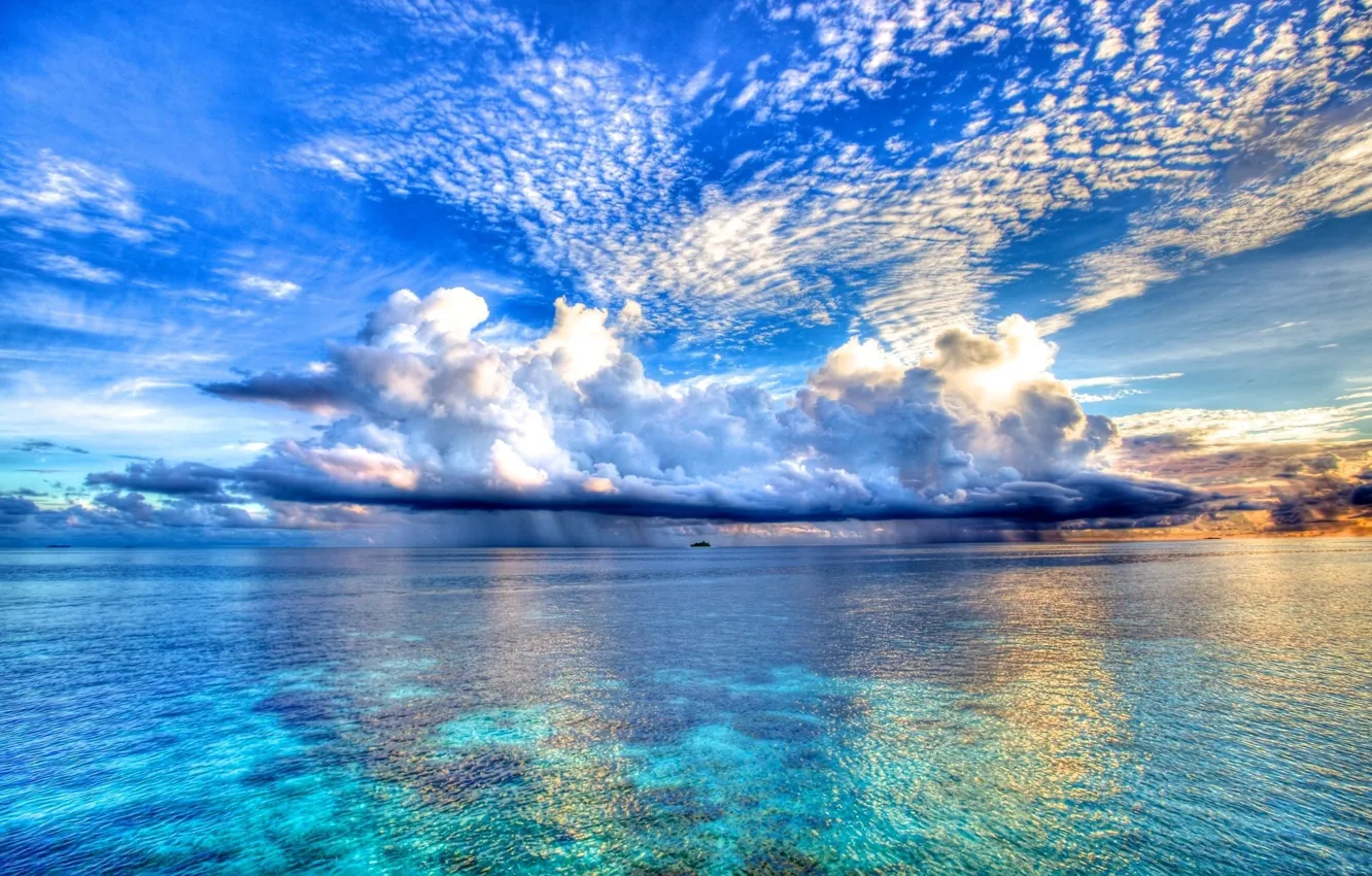 Фото обои небо, облака, океан, цвет, красота, корабли, даль, горизонт