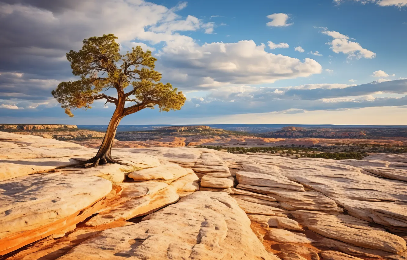 Фото обои sky, trees, landscape, nature, clouds, rocks, digital art, national park
