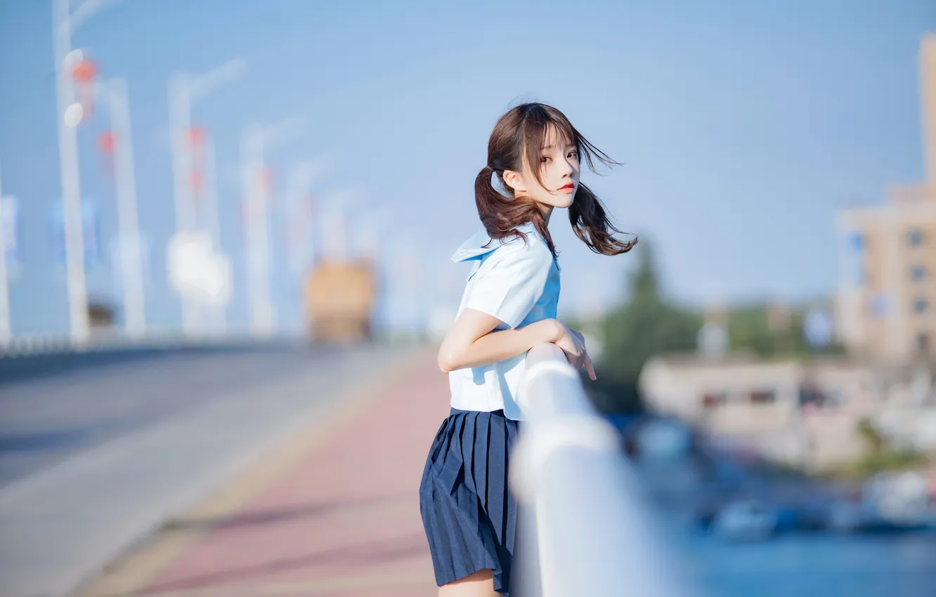 Фото обои Beautiful, Asian, Model, Bridge, Street, Woman, Road, Cute