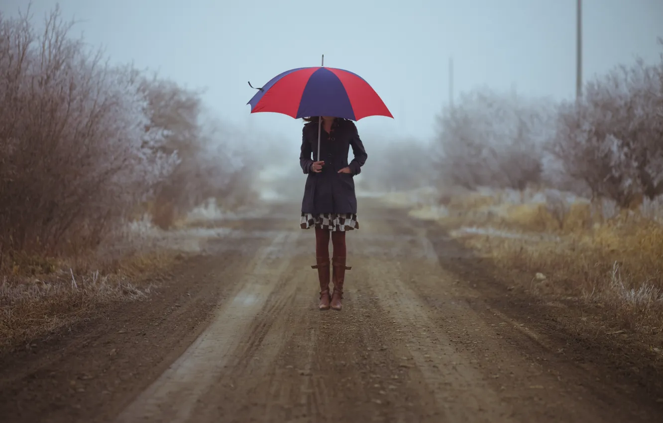 Фото обои дорога, осень, девушка, сапоги, зонт