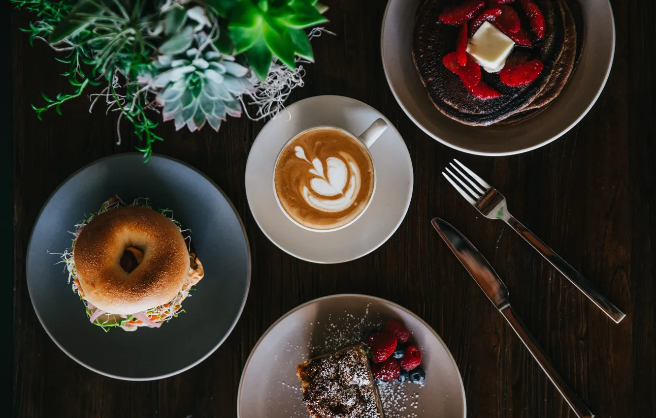 Фото обои кофе, еда, завтрак, пирожное, бутерброд, оладьи