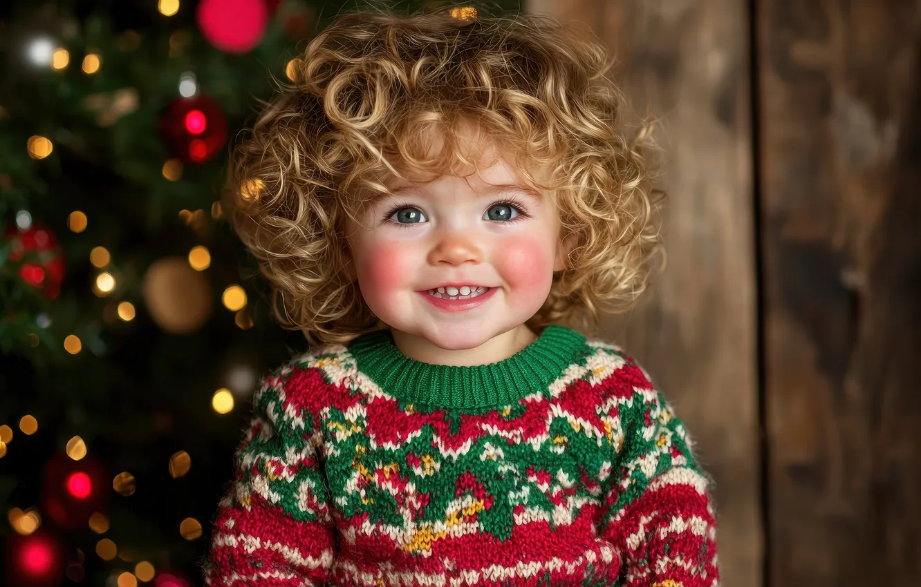 Фото обои шарики, огни, улыбка, узор, доски, портрет, девочка, кудряшки