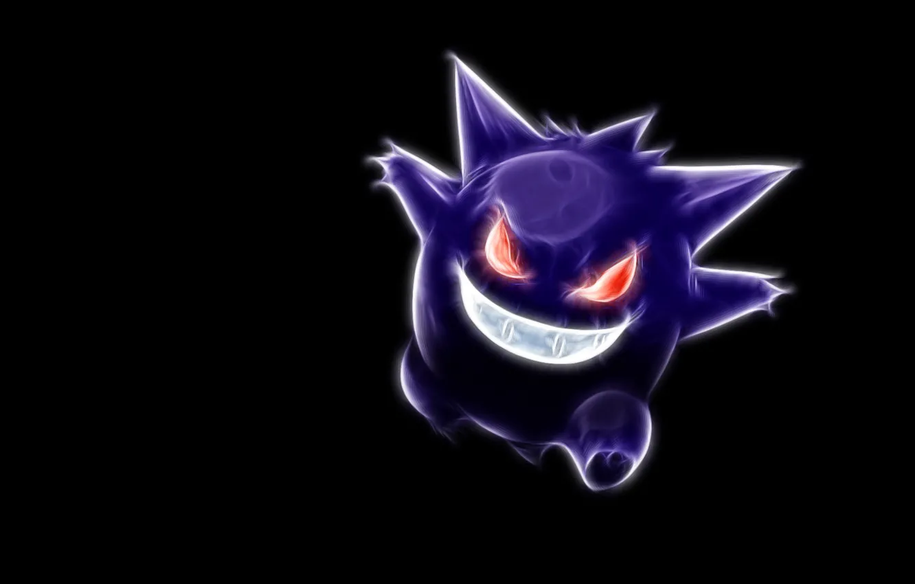 Фото обои черный фон, красные глаза, покемон, pokemon, неоновые линии, генгар, gengar, дьявольская улыбка